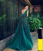 Emerald backless avondjurken v-hals geappliceerd prom-jurken vestidos de fiesta een lijnvloer lengte tule formele jurk