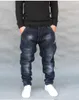 ファッションヒップホップハーレムジーンズジョガーパンツジーンズロングストレッチルーズバギーデニムブルーズボンデザイナーの男性服