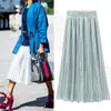 Samuume 2018 Bright Gold Sequined Stretch High Waist Pleated Novelty Metallic Color Large Swing Saia Midi Skirts Female A1601018