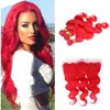 Cheveux humains rouges colorés 13x4 fermeture frontale en dentelle avec extensions de tissages vague de corps vierge brésilienne trames de cheveux rouges 3 offres groupées