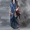 BUYKUD 2018 Summer Vintage Floral Printed Deep V-neck Long Dress Women Loose Short Sleeve Elegant Robe Blue Dresses With Pocket