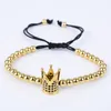 Mode Mäns Guldfärg Imperial Micro Pave Crystal Crown Charm Armband Braiding Weave Bead Macrame Armband