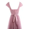 Pink Scoop Neck Lace Long Tulle Prom Klänningar Robe de Soiree Cap Sleeve V Backless Bridesmaid Dress