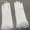 Guantes de novia de satén mate, corte de encaje corto, accesorio nupcial de boda de marfil, guante de boda hasta la muñeca 2020