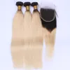 Siyah ve Sarışın Ombre Perulu İnsan Saç Dokuma İpeksi Düz Kapatma ile # 1B / 613 Sarışın Ombre 4x4 Dantel 3Bundles ile Ön Kapatma