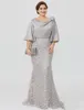 Silver Plus Size Mother of The Bride Dresses Lace Applique Half Long Sleeve Mother's Gown Mermaid Formal Dress Evening Wear Sweep Train