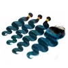 Raízes escuras 1b Teal Cabelo Humano Tece Extensão Do Cabelo Azul Com Fecho de Renda Ombre Cabelo Humano Peruano Virgem 3 Ofertas Bundle