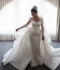 Clássico elegante Mermaid Wedding Dress destacável Overskirt impressionante Lace Appliqued manga comprida Rainha vestido de noiva vestidos de casamento glamoroso