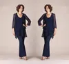 Lacivert Şifon Gelin Pantolonunun Annesi Uzun Kollular Artı Boyut Üç Parça Ceketli Resmi Ana Elbise Ceket Akşam Partisi Gowns