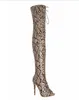 Prawdziwe zdjęcia Kobiety Sexy Siate Toe Leopard PU Skóra Nad Kolanem Gladiator Buty Lace-UP Long High Heel Boots Sexy Buty