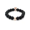 Micro Pave Crystal Rose Gold Color 10MM King Crown Charm Bracelet Men Dull Polish Black Matte Stone Bead Bracelet