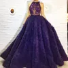 Wspaniałe ciemne purpurowe sukienki Craftal Koraliki Koronki Aplikacja Klejnot Neck Bez Rękawów Prom Party Dress Sexy Ruffles Tulle Suknie Wieczorowe