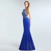 Sexy Mode Blauwe Lange Staart Fishtail Avondjurken Qatar 2024 Grote Ronde Hals Back Hollow Ballroom Jurken HY059