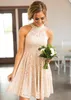 Short Lace Peach Country Bridesmaids Dresses Pearls Halter Neck Wedding Guest Dresses Knee Length Maid Of Honor Gowns HH263