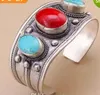 Unisex charm röd korall turkos sten pärla manschett armband tibet silver