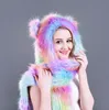 Faux Fur Hood Animal Hat Ear Flaps Hand Pockets 3 in1 Animals Hood Hats Warm Cap With Scarf Gloves3319