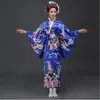 Azul Japonês Nacional Mulheres Silk Quimono Yukata com OBI Novidade Vestido de Noite CosplayHalloween Fato Floral Um tamanho JK068