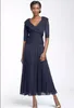 navy blue Mother Of The Bride Dress Cheap Elegant V Neck pleated bodice Half Sleeves Chiffon Tea length Formal Evening Mother Dres324m