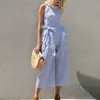 Elegant Sexy Jumpsuits Women Summer Bowknot Pants Playsuit Sleeveless Rompers Holiday Belted Leotard Overalls Office Lady Striped Jumpsuits