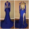 Arabic Gold Appliques High Neck Blue Prom Dresses 2K Mermaid Long Sleeves Sexy High Split Black Girls Evening Gowns Celebrity Dress