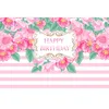 Sfondo per festa di compleanno a strisce bianche e rosa Fiori stampati personalizzati Sfondo fotografico per principessa bambina con foglie verdi