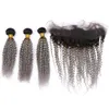 Ombre Argent Gris Indien Crépus Bouclés Bundles de Cheveux Humains 3Pcs avec Fermeture Frontale en Dentelle Complète # 1B / Gris Ombre Extensions de Trame de Cheveux Vierges