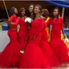 2018 Hot South African Nigerian Lace Bridesmaid Dresses Corset Back Red Tulle Plus Size Appliques Mermaid Maid Of Honor Gowns Cheap Custom