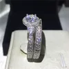Vecalon Antyczne Biżuteria Kwiat Kobiety Ring Round Cut 2ct 5A Cyrkon CZ 925 Sterling Silver Silver Wedding Band Ring Set