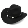 Nieuwe Mode Mannen Vrouwen Wol Blend Western Cowboy Cap Kerk Hoed Brede Rand Sombrero Godfather Cap Jazz Hoed Lederen band met Bloem