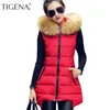 Gros-TIGENA Plus La Taille 4XL Hiver Gilet Femmes 2017 Veste Sans Manches Manteau Femmes Gilet Gilet Chaud À Capuche Long Gilet Femme