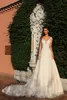2020 neue Ankunfts-Designer Brautkleider Sheer Ausschnitt ärmelPerlenStickerei Rücken volle Spitze-Gerichts-Zug-Brautkleider nach Maß