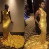 Golden High Neck Prom Dresses Dubai Sparkly Sequined Key-Hole Backless Mermaid Party Dresses Sexy South African Celebrity Prom Dress Cheap