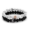 Lover's Natural White Black Stone Bead Armband Trendy Alloy Silver Gold Crown Charms Bangle Smycken för par 2st