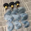 Virgin Brazilian Human Hair Bundles with 360 Lace Frontal Omber #1B/Sliver Body Wave Hair Weft Weave with Lace closure Remy Hair Extensions