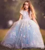 Księżniczka Koronkowa Suknia Balowa Kwiat Girl Sukienki Dla Weselu Zroszony Toddler Pagewant Suknie Cekinowy Tulle Appliqued Piętro Długość Dzieci Prom Dress