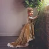 Gold Sequined High Low Girls Pageant Gowns With Lace Sheer Long Sleeves Sweep Train Flower Girl Dresses For Wedding Custom Made Baby Dress