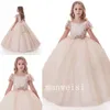 Flickor Pageant Klänningar Illusion Cap Sleeves Tulle Ruffles Sash Crystal Sky Blue V Back Ball Gown Kids Flower Girls Dress Födelsedagklänningar