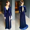 Sexig V-Neck High Side Slit Prom Dresses 2019 Royal Blue Velve Graduation Dress Backless Long Sleeve Party Dress Elegant A Line Evening Clows