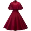 2018 Vintage Malha Vestido de Cabo Pin Up Deixar Colares Mulheres Preto Uma Linha Vestidos Manto Manga Casual Verão Vestido