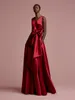 Aso Ebi Rose Red Longos Vestidos de Noite Bolsos Nigeriano Sexy Backless Vestidos de Noite 2018 Arco Profundo Decote Em V Africano Vestido Formal Vai