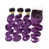 Объемная волна 1B Фиолетовый Ombre Бразильские пучки человеческих волос с закрытием Темный корень Фиолетовый Ombre Плетение из девственных волос с закрытием шнурка 4x4