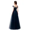 Beaded Off Shoulder Evening Dresses 2019 Navy Blue Floor Length Prom Klä Eleganta Lång Party Klänningar