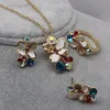 Multi Color Flower Crystal Rhinestone Gold Color Pendant Necklace/Earring/Ring Bridal Jewelry Set For Women Wedding