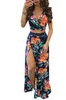 Women Summer Floral High Slit Long Dress Printed Maxi Beach Dress Female Crop Top Two Piece Set Sundress Vestidos