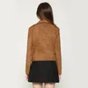 Nya Mode Kvinnor Suede Motorcykeljacka Slim Brown Full Lined Soft Faux Läder Kvinna Coat Veste Femme Cuir Epaulet Zipper