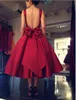 Tea Length Red Prom Sexy Open Short Gowns Square Neck Evening Party With Back Bow Satin Graduation Dresses Cheap 0510