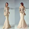 Champagne Kant Lange Mouwen Mermaid Avondjurken Arabische Sheer Mesh Top Satijn Peplum Vloer Lengte Formele Partij Prom Jurken BA8170