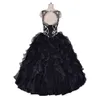 Sexy Black Ruffles Quinceanera Prom Dresses Cheap 2018 Long Real Photo Sheer Neck Shinning Crystal Rhinestones Organza Sweet 16 Party Dress