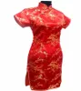 Black-Red Spring Chinese Women's Satin Mini Cheongsam Qipao Dress Flower Plus Storlek S M L XL XXL XXXL 4XL 5XL 6XL J4035