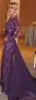 2019 Abiti da sera a maniche lunghe con perline di pizzo viola pieno Vestido De Festa Abiti da sera con strascico staccabile Sheer Long Prom Dres2996